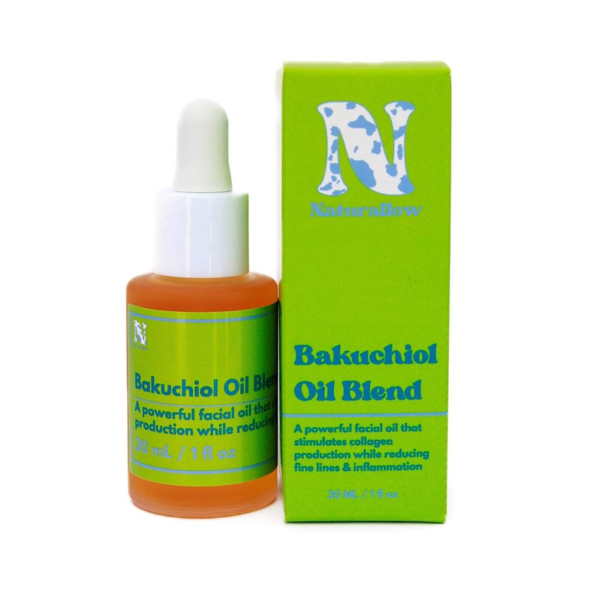 Naturallow Bakuchiol Facial Oil, dropper bottle and box on white