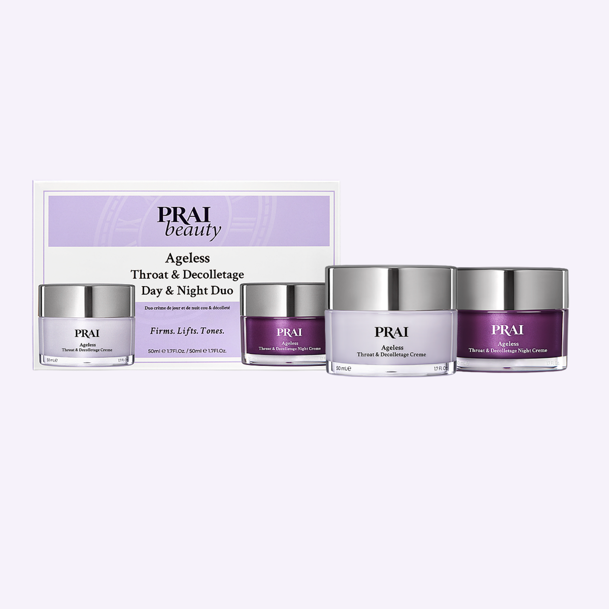 PRAI Beauty Ageless Throat & Decolletage Day & Night Set, box with day and night creme jars, front of pack