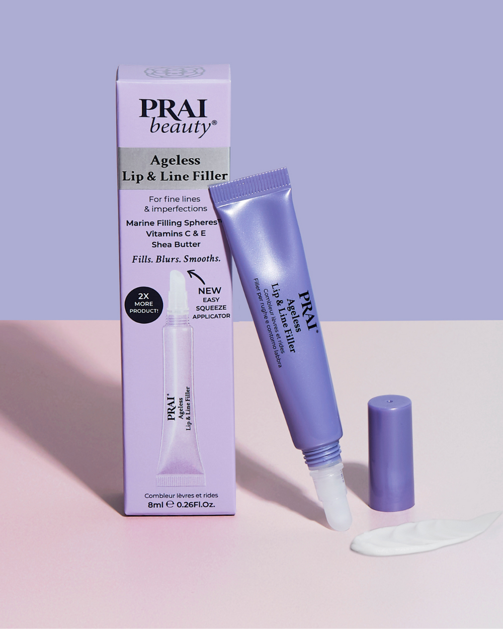 PRAI Beauty Ageless Lip & Line Filler, box and open tube on a lilac background