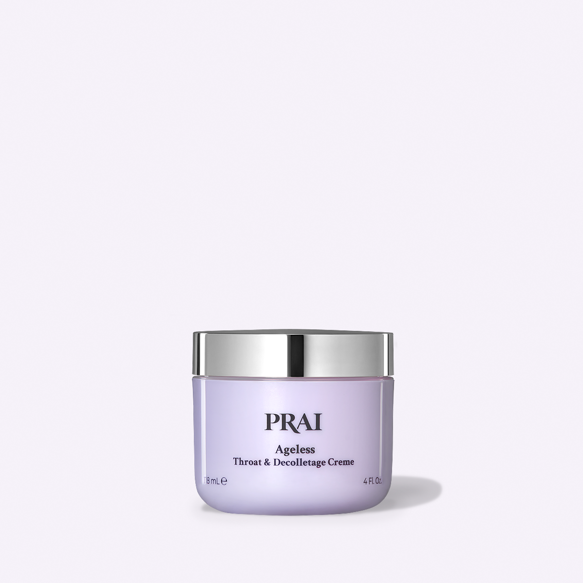 PRAI Beauty Ageless Throat & Decolletage Creme, 4 oz jar on a lilac background
