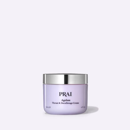 PRAI Beauty Ageless Throat & Decolletage Creme, 4 oz jar on a lilac background