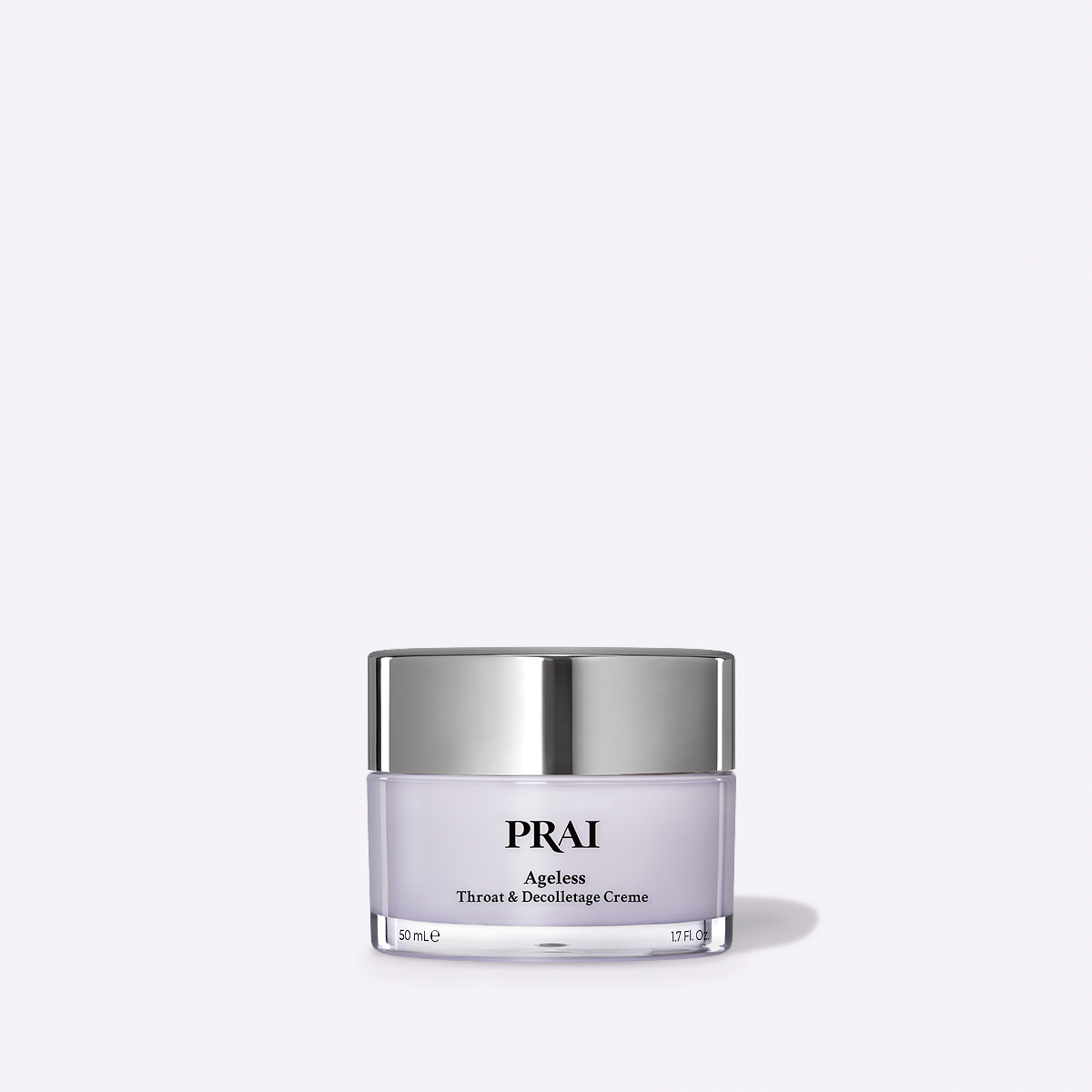 PRAI Beauty Ageless Throat & Decolletage Creme, 1.7 oz jar on a lilac background