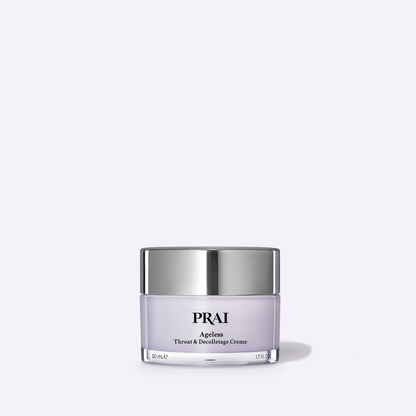 PRAI Beauty Ageless Throat & Decolletage Creme, 1.7 oz jar on a lilac background