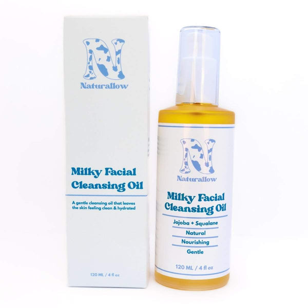 Naturallow Milky Facial Cleansing Oil, pump bottle and box on white