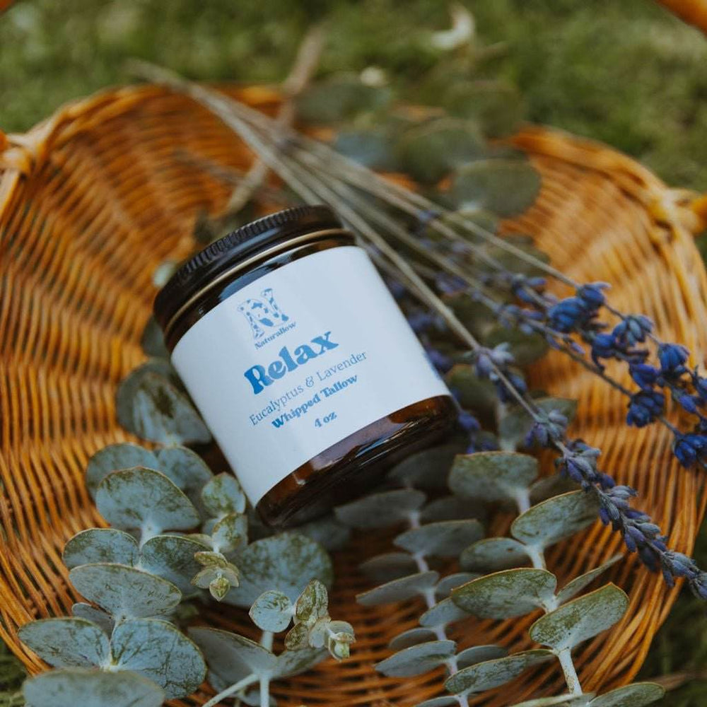 Naturallow whipped tallow in a basket with lavender