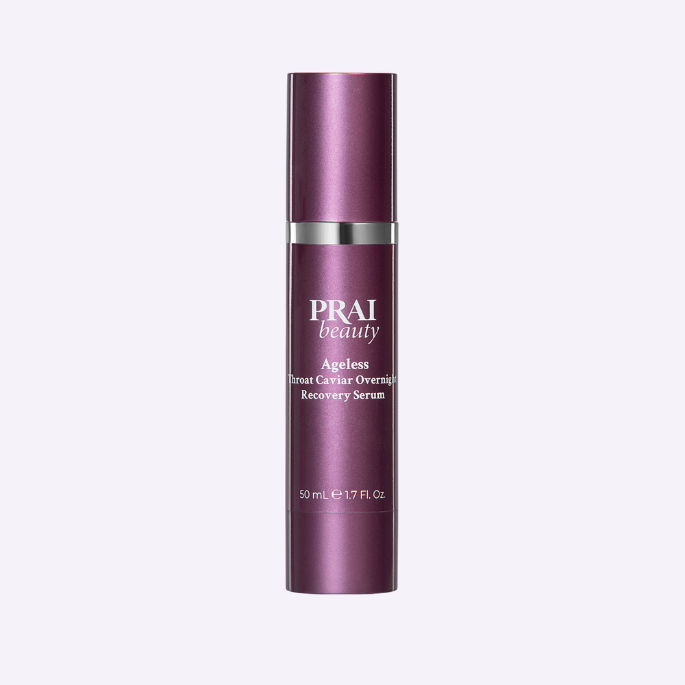 PRAI Beauty Ageless Throat Caviar Overnight Recovery Serum, pump bottle, front of pack