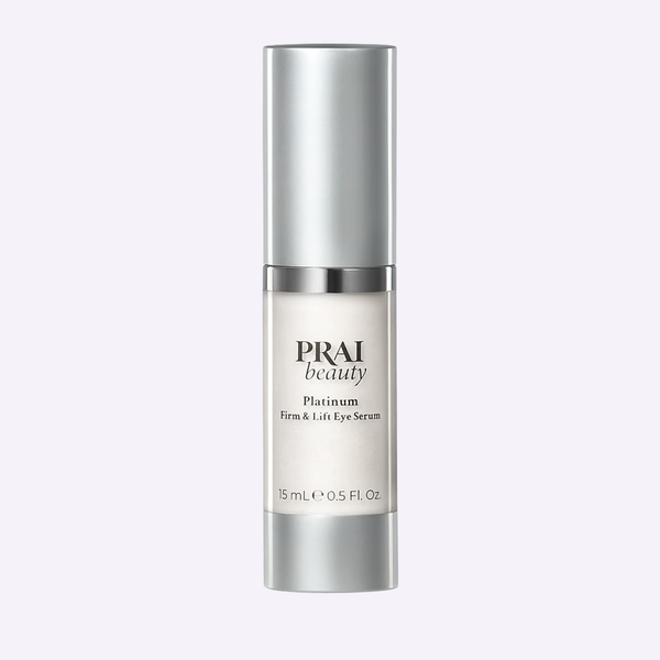 PRAI Beauty Platinum Firm & Lift Eye Serum, eye serum pump bottle, front of pack