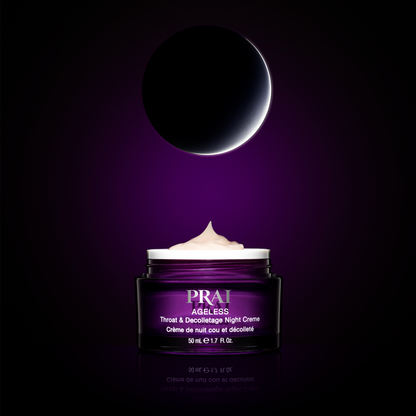 PRAI Beauty Ageless Throat & Decolletage Night Creme with Retinol, open jar under a crescent moon on a dark purple background