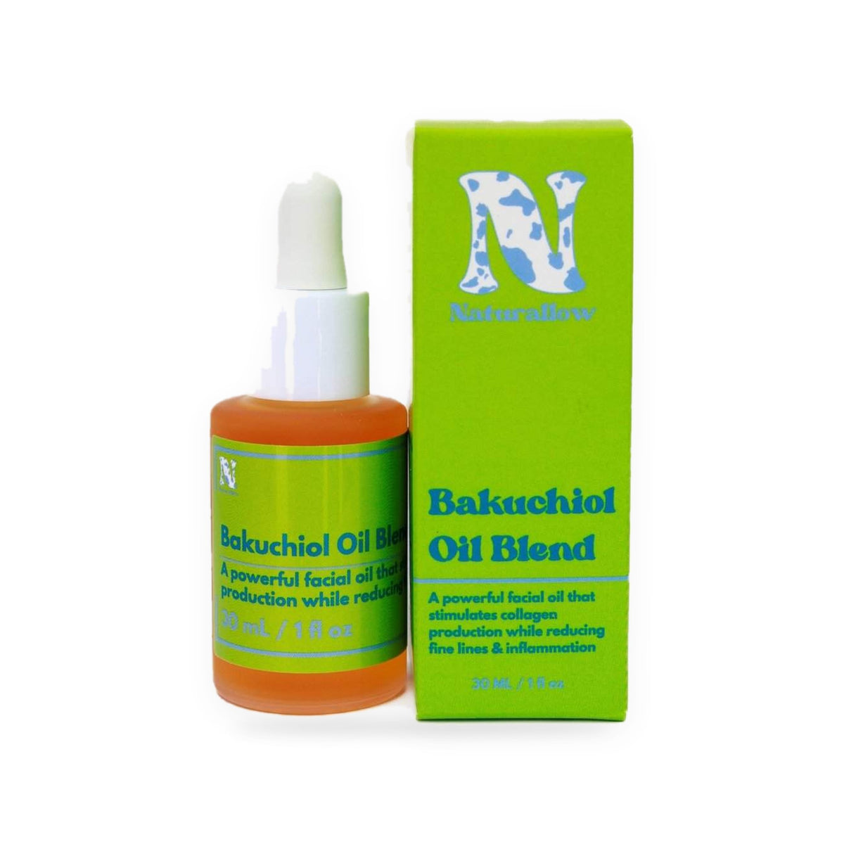 Naturallow Bakuchiol Facial Oil, dropper bottle and box on white