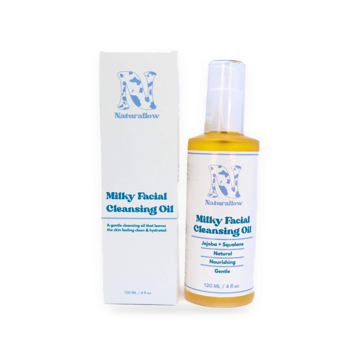 Naturallow Face & Body Routine, Milky Facial Cleansing Oil bottle and box on white