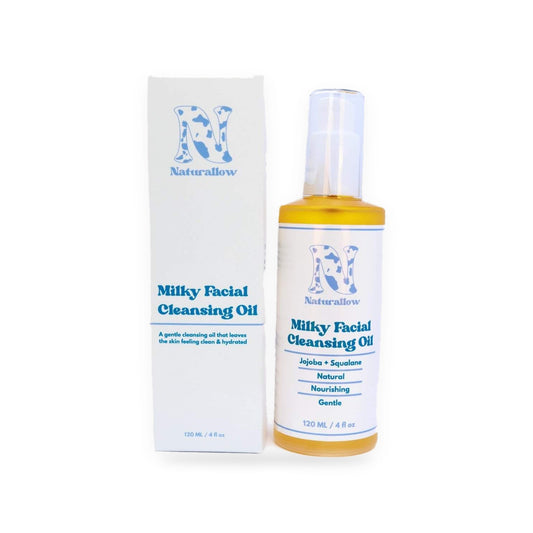 Naturallow Face & Body Routine, Milky Facial Cleansing Oil bottle and box on white